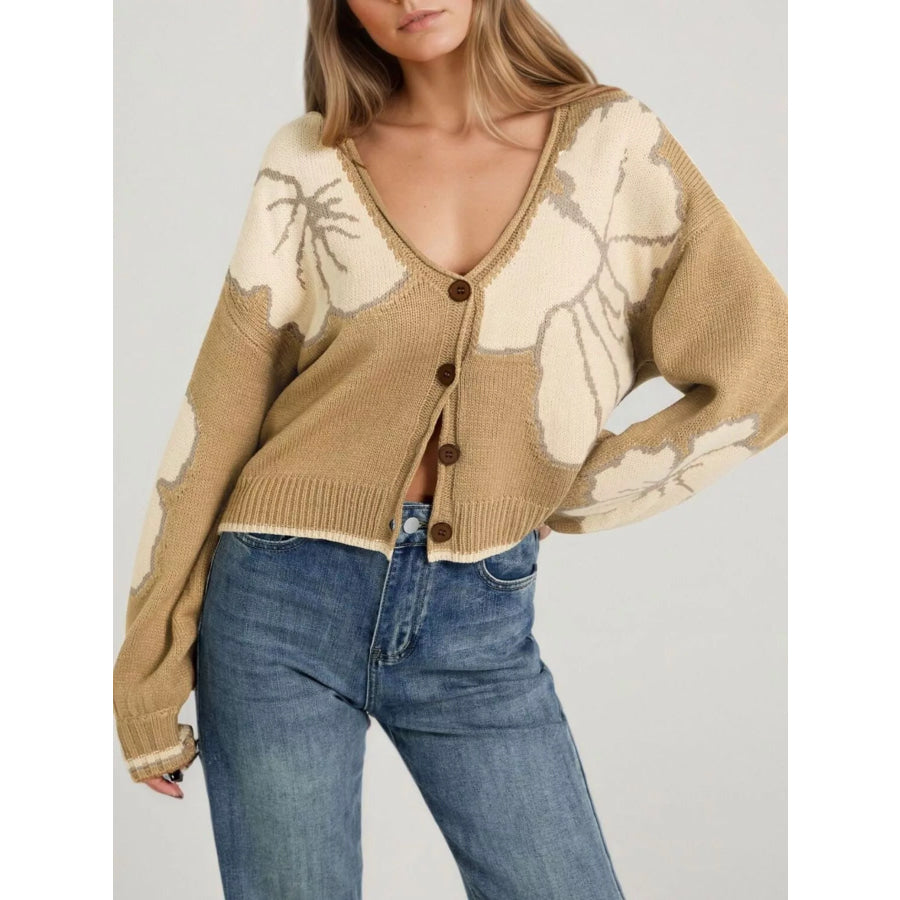 V-Neck Button-Down Knit Cardigan Khaki / S Apparel and Accessories