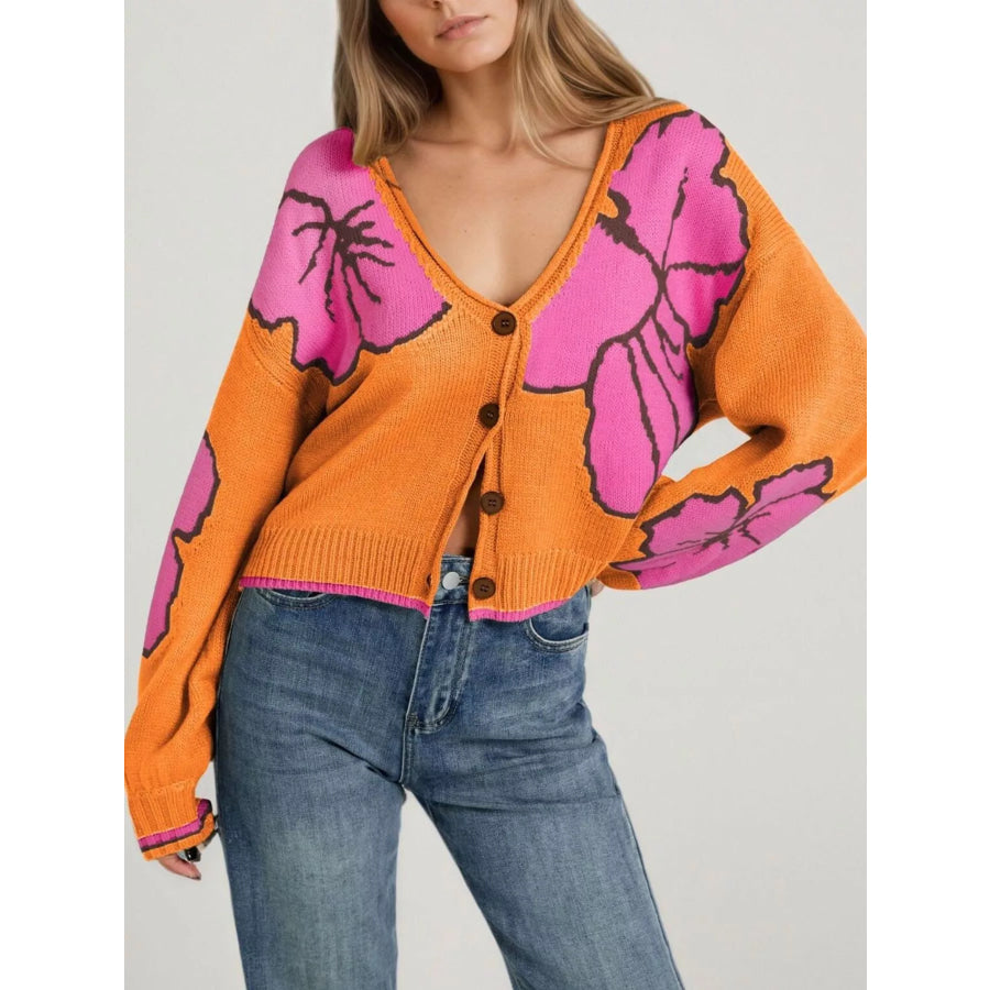 V-Neck Button-Down Knit Cardigan Orange / S Apparel and Accessories