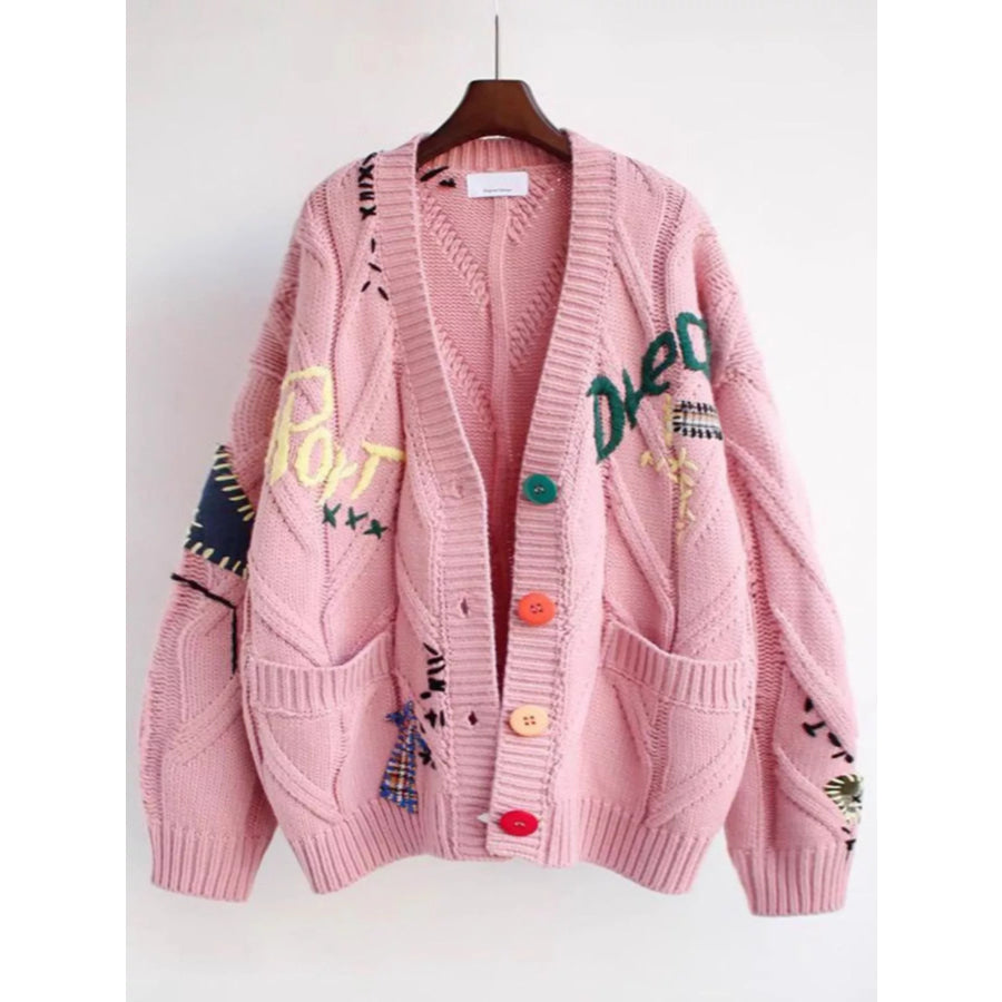 V-Neck Button Down Knit Cardigan Pink / One Size Apparel and Accessories