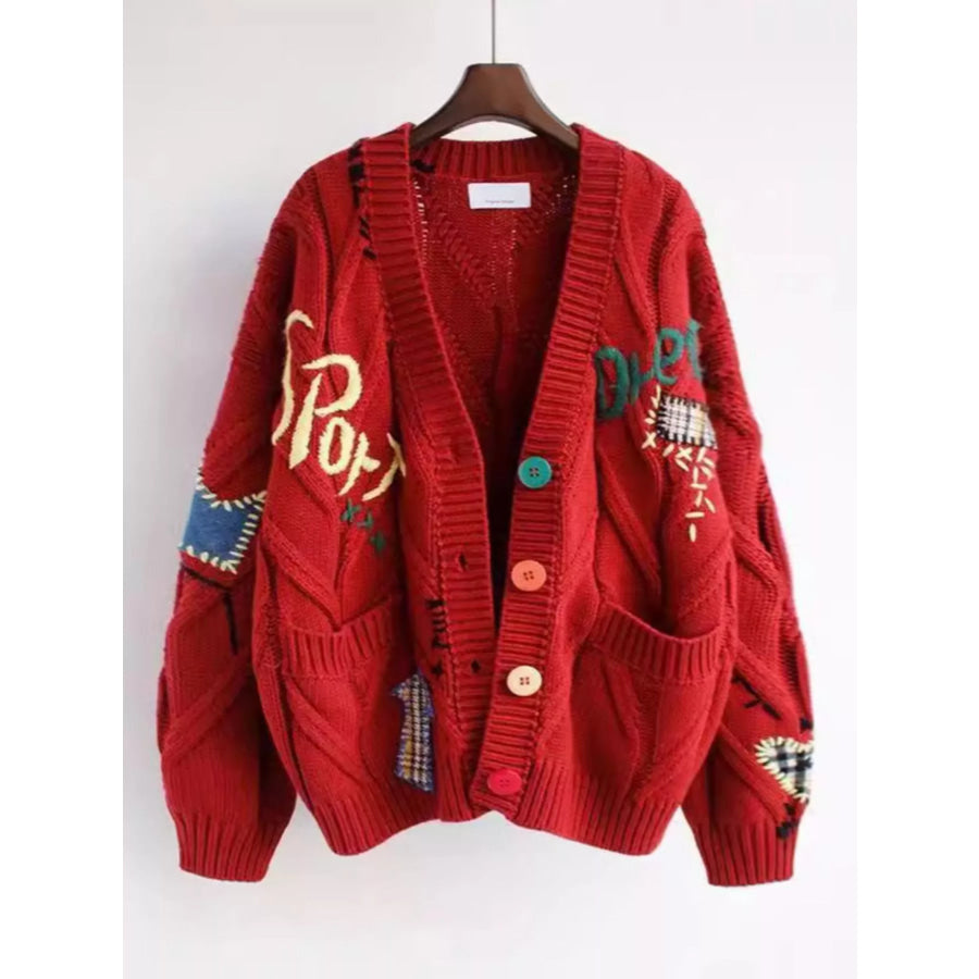 V-Neck Button Down Knit Cardigan Red / One Size Apparel and Accessories