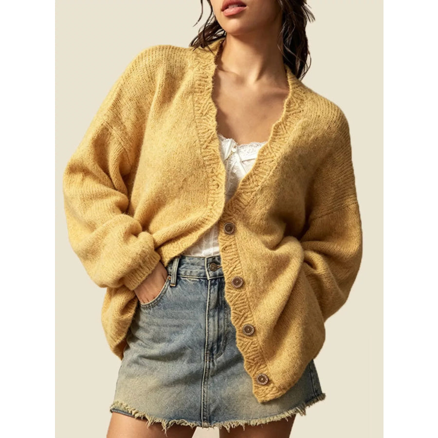 V-Neck Button-Down Knit Cardigan Yellow / S Apparel and Accessories