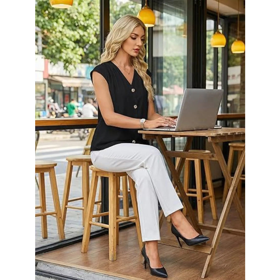 V-Neck Button-Down Shirt Black / S Apparel and Accessories