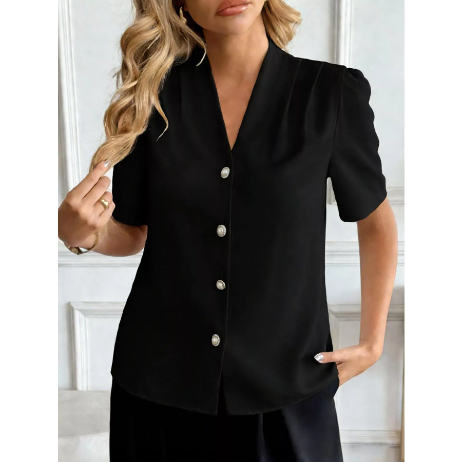 V-Neck Button-Down Shirt Black / S Apparel and Accessories