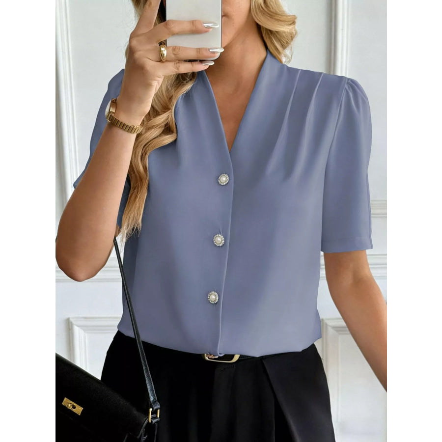 V-Neck Button-Down Shirt Blue / S Apparel and Accessories