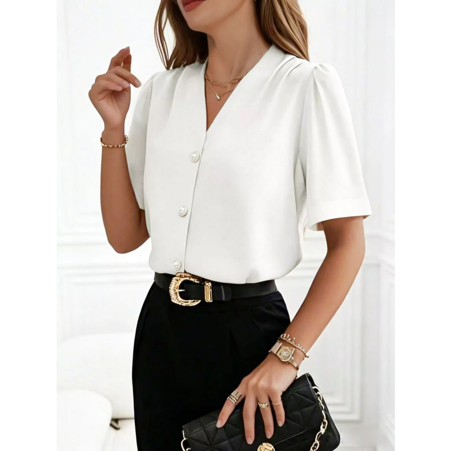 V-Neck Button-Down Shirt White / S Apparel and Accessories