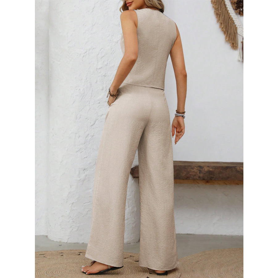 V-Neck Button Down Vest and Wide Leg Pants Set Apparel and Accessories