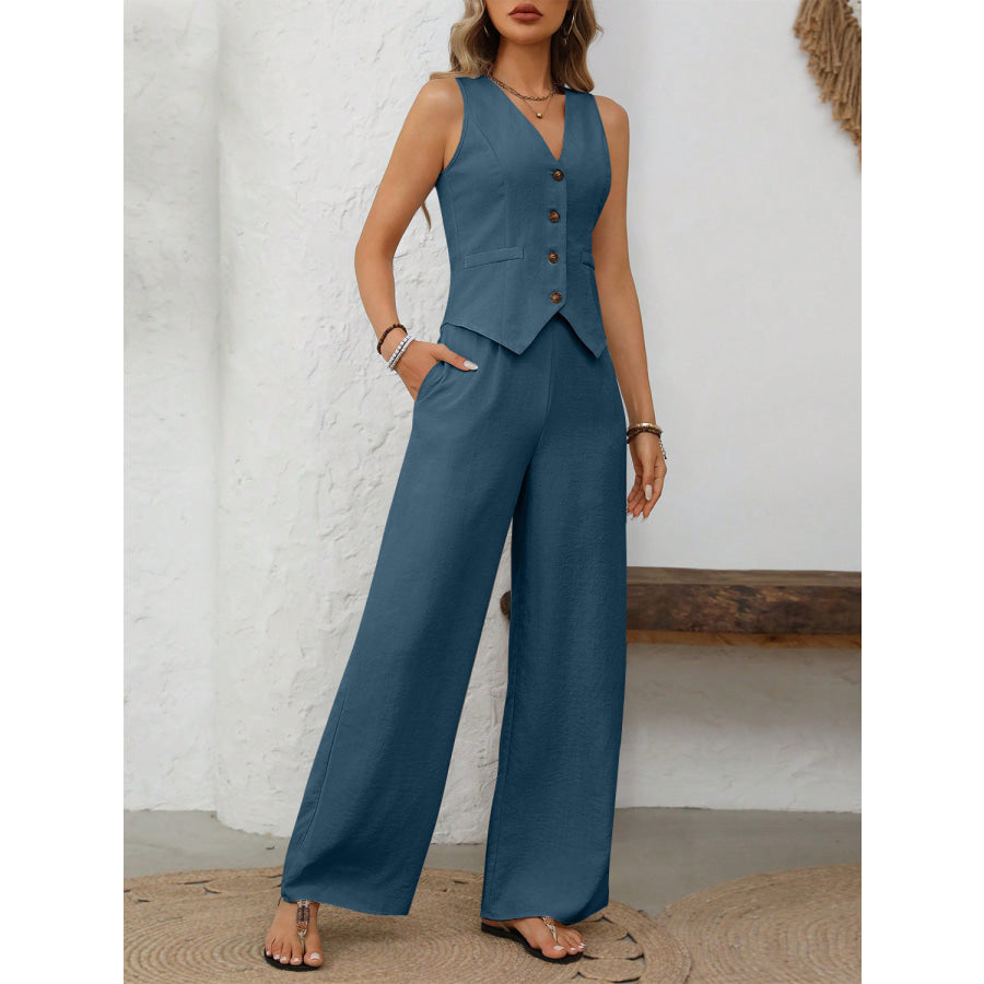 V-Neck Button Down Vest and Wide Leg Pants Set Apparel and Accessories