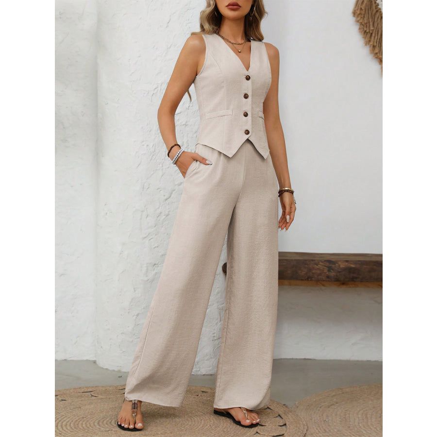 V-Neck Button Down Vest and Wide Leg Pants Set Apparel and Accessories