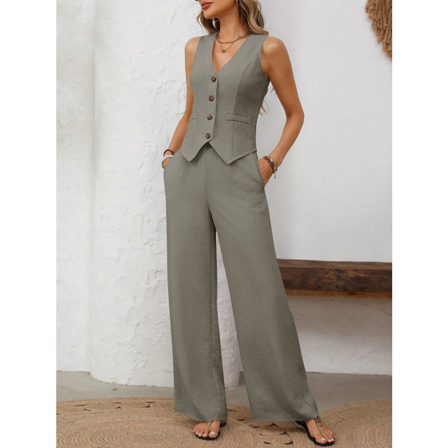 V-Neck Button Down Vest and Wide Leg Pants Set Apparel and Accessories