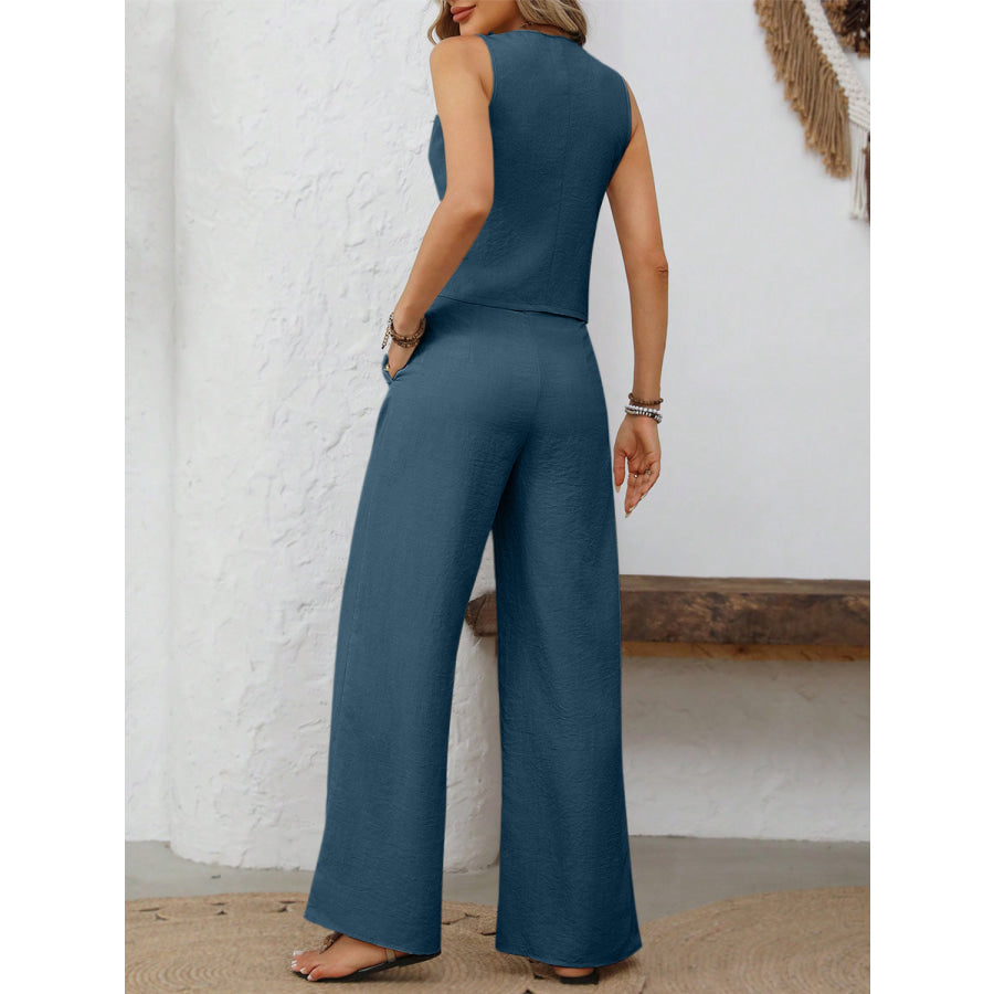 V-Neck Button Down Vest and Wide Leg Pants Set Apparel and Accessories