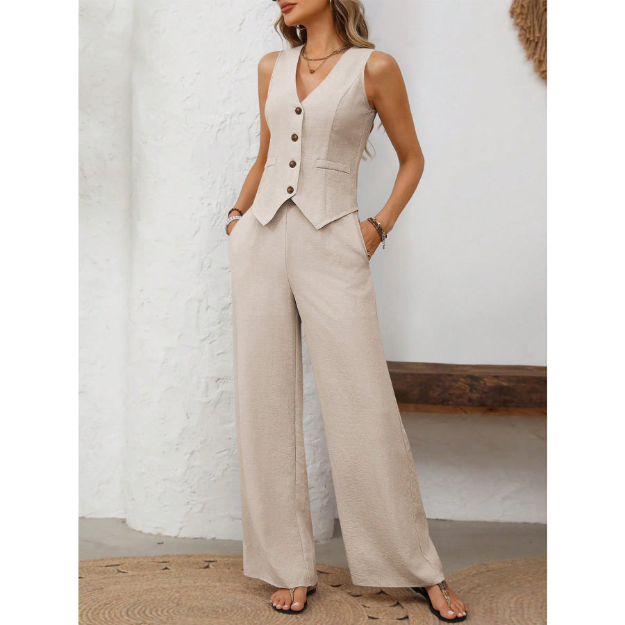 V-Neck Button Down Vest and Wide Leg Pants Set Dust Storm / S Apparel and Accessories