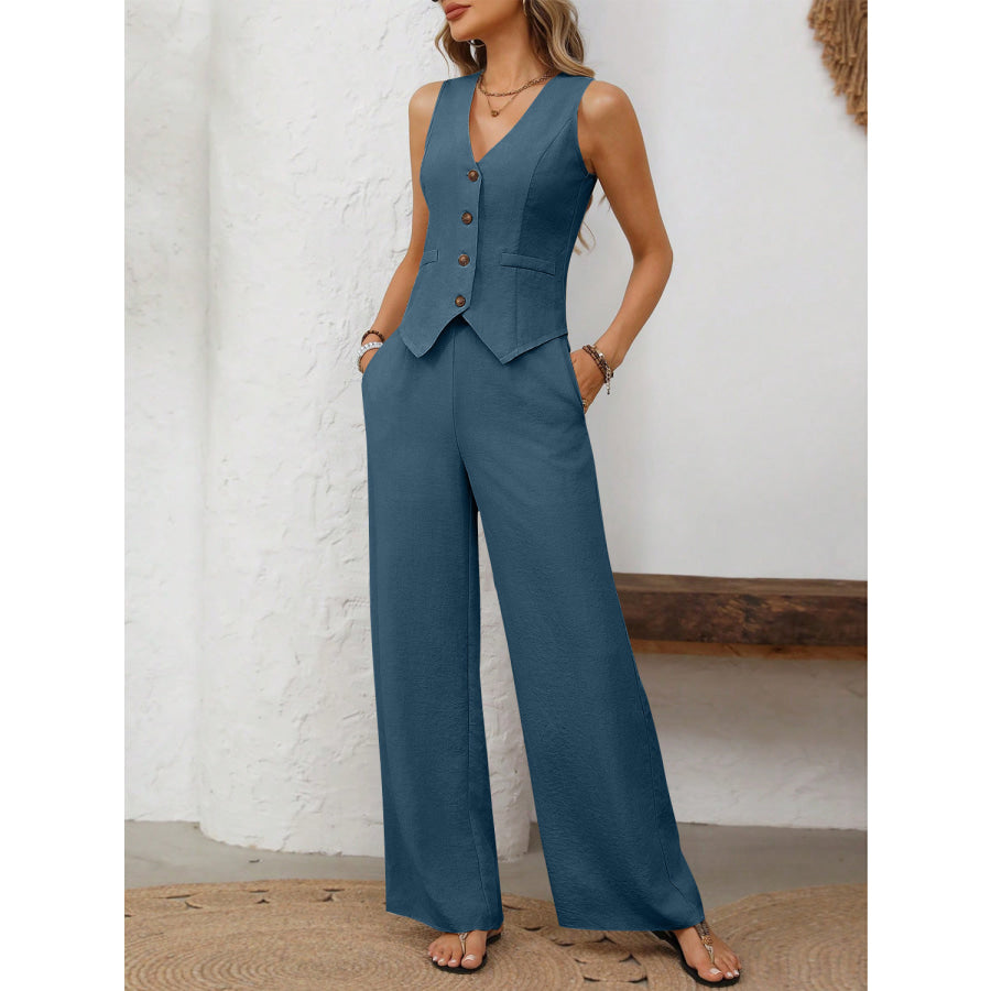 V-Neck Button Down Vest and Wide Leg Pants Set Peacock Blue / S Apparel and Accessories