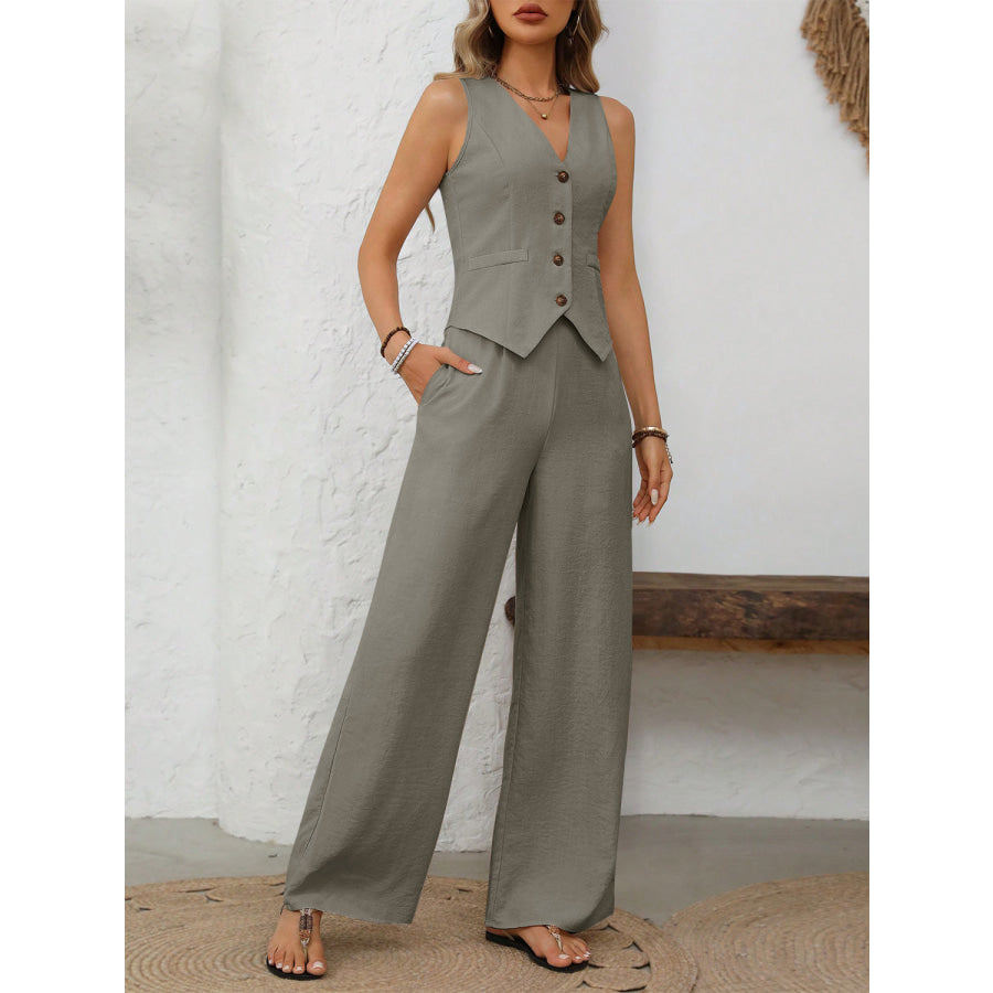 V-Neck Button Down Vest and Wide Leg Pants Set Sage / S Apparel and Accessories