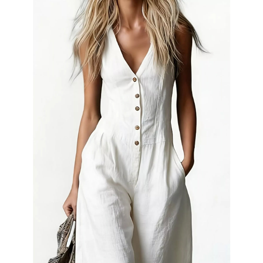 V-Neck Button-Down Wide-Leg Jumpsuit Apparel and Accessories