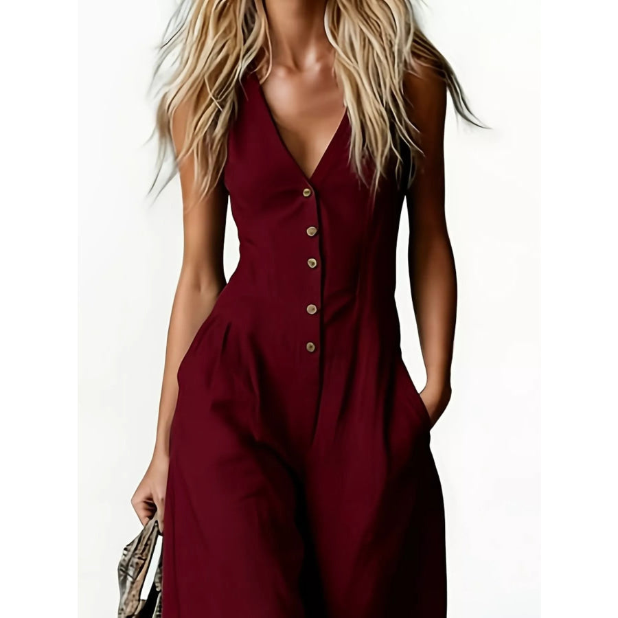 V-Neck Button-Down Wide-Leg Jumpsuit Apparel and Accessories