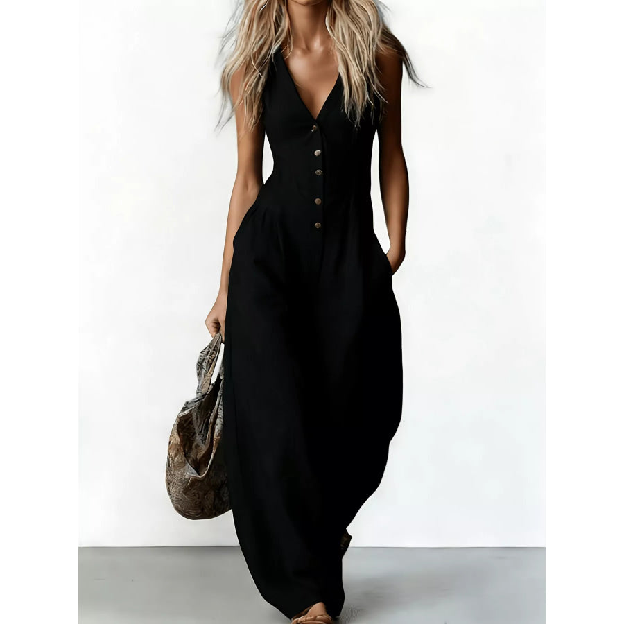 V-Neck Button-Down Wide-Leg Jumpsuit Black / S Apparel and Accessories