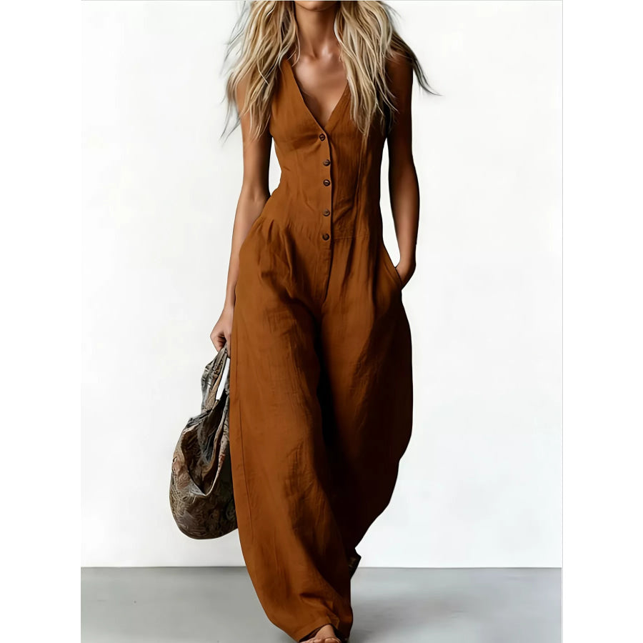 V-Neck Button-Down Wide-Leg Jumpsuit Brown / S Apparel and Accessories