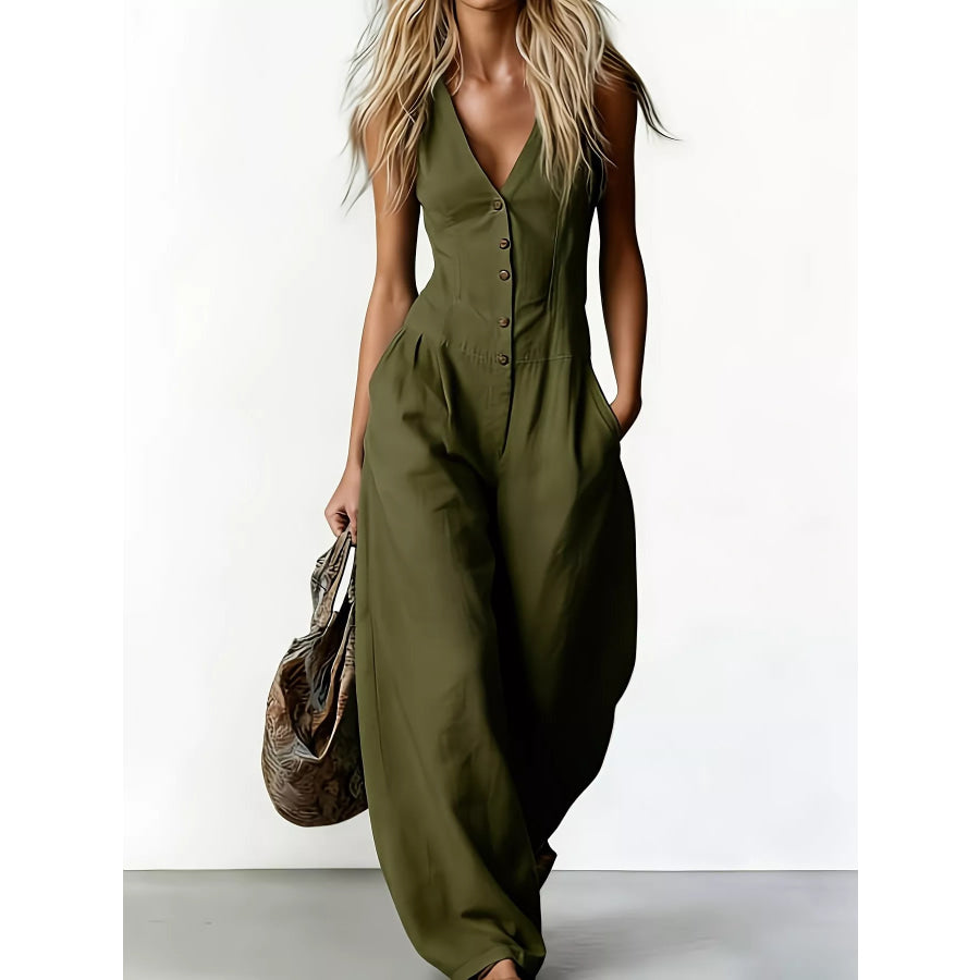 V-Neck Button-Down Wide-Leg Jumpsuit Green / S Apparel and Accessories