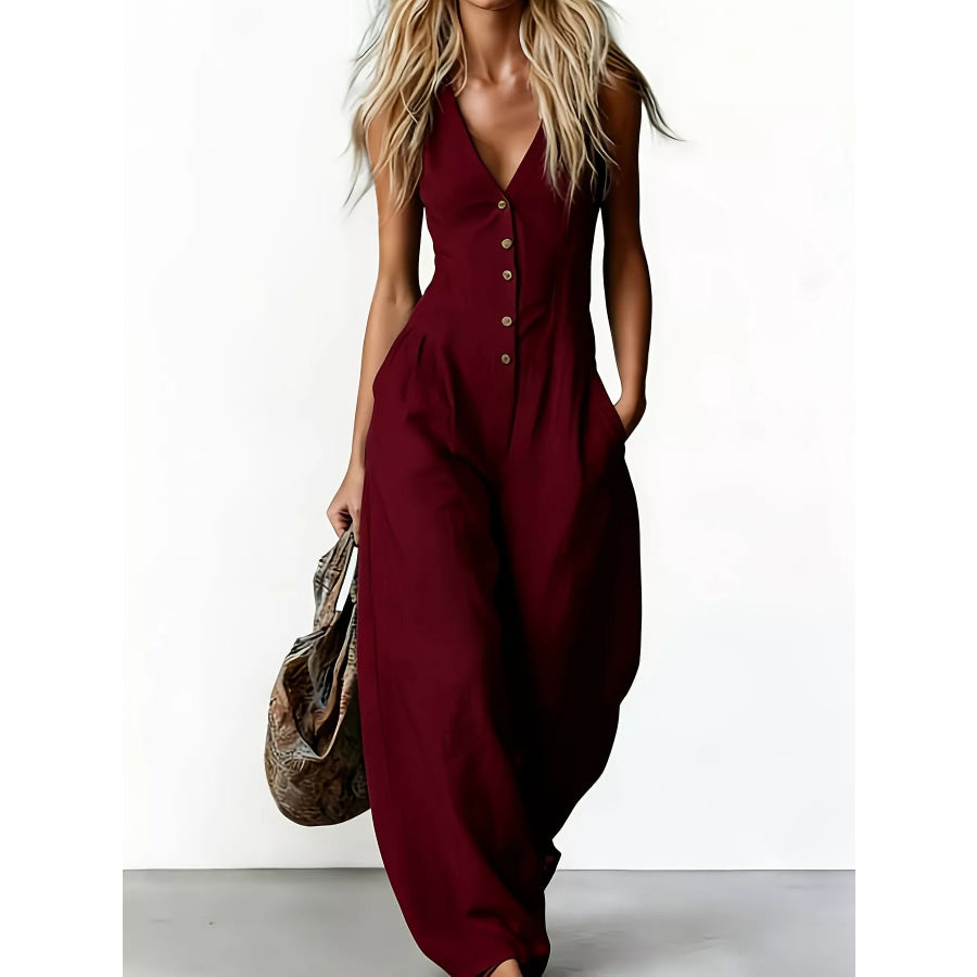 V-Neck Button-Down Wide-Leg Jumpsuit Red / S Apparel and Accessories