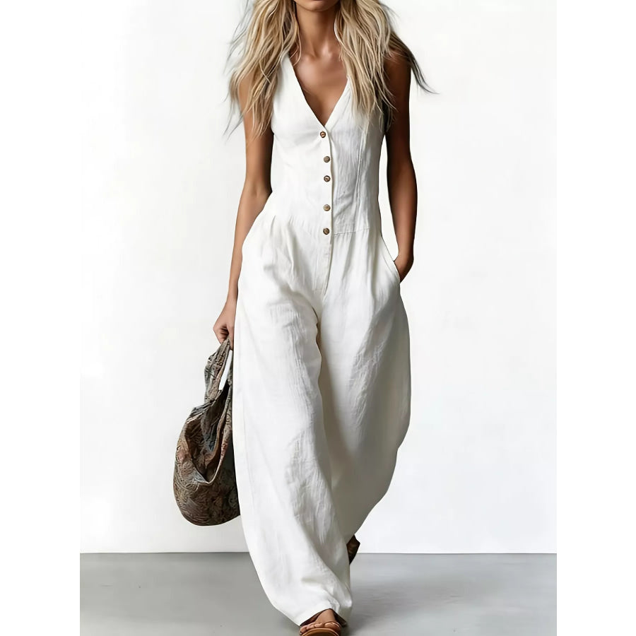 V-Neck Button-Down Wide-Leg Jumpsuit White / S Apparel and Accessories