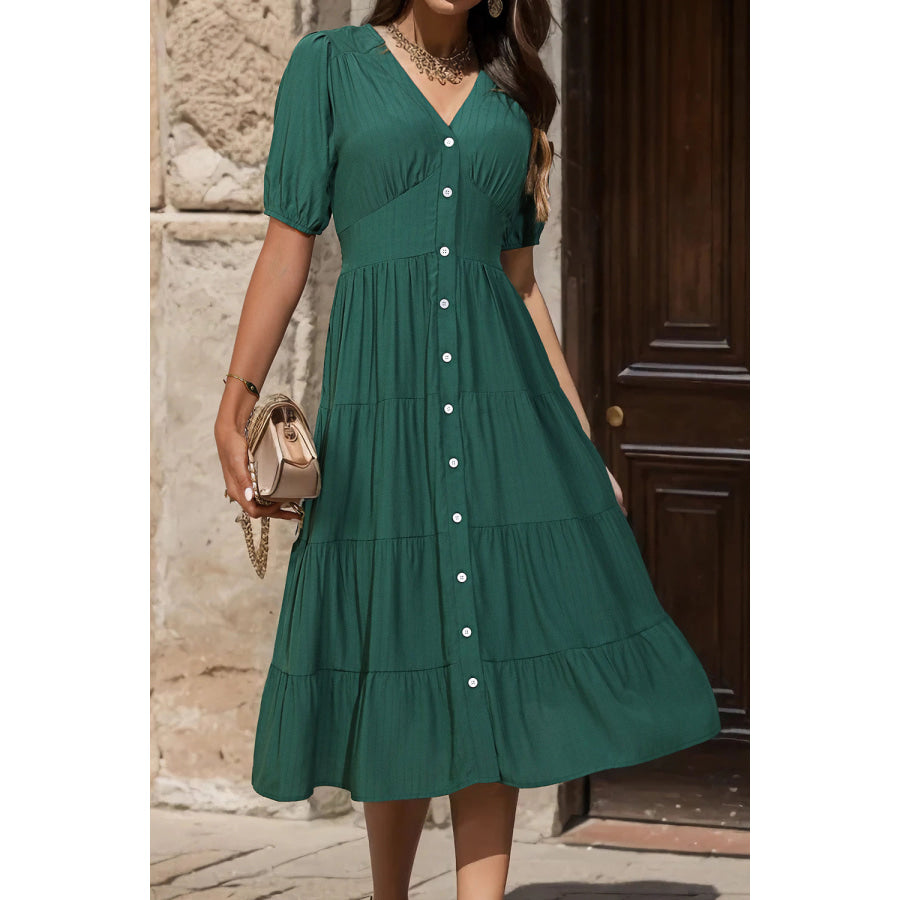 V-Neck Button Up Balloon Sleeve Midi Dress Apparel and Accessories