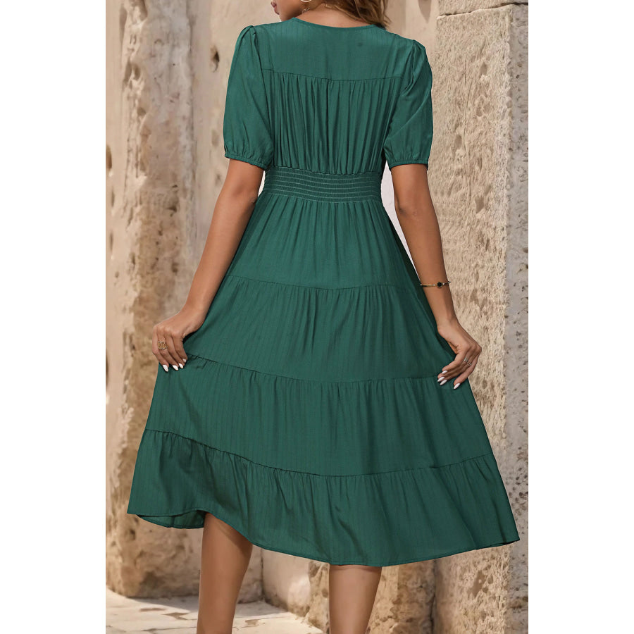 V-Neck Button Up Balloon Sleeve Midi Dress Apparel and Accessories