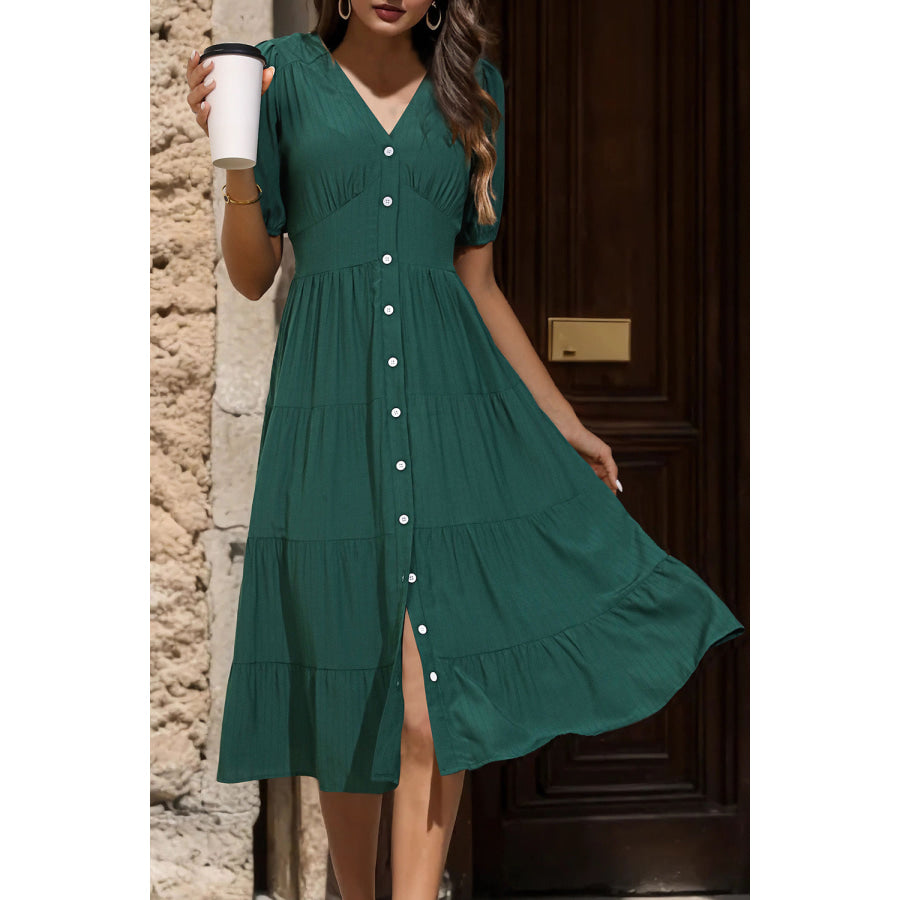 V-Neck Button Up Balloon Sleeve Midi Dress Apparel and Accessories