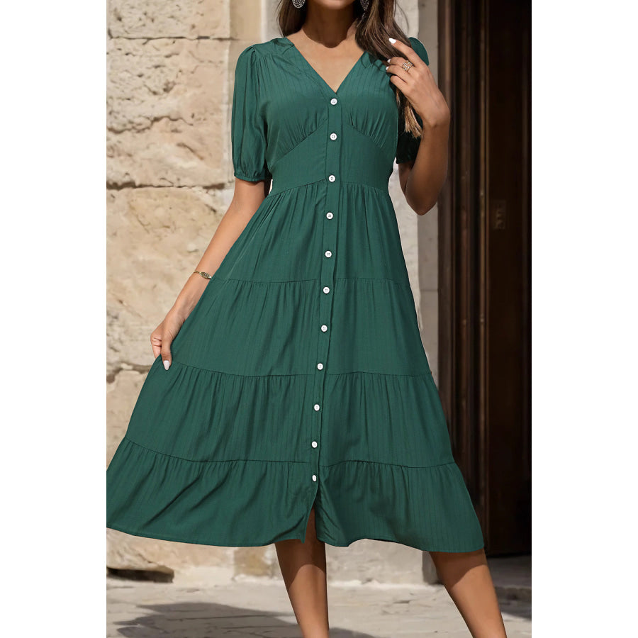 V-Neck Button Up Balloon Sleeve Midi Dress Apparel and Accessories