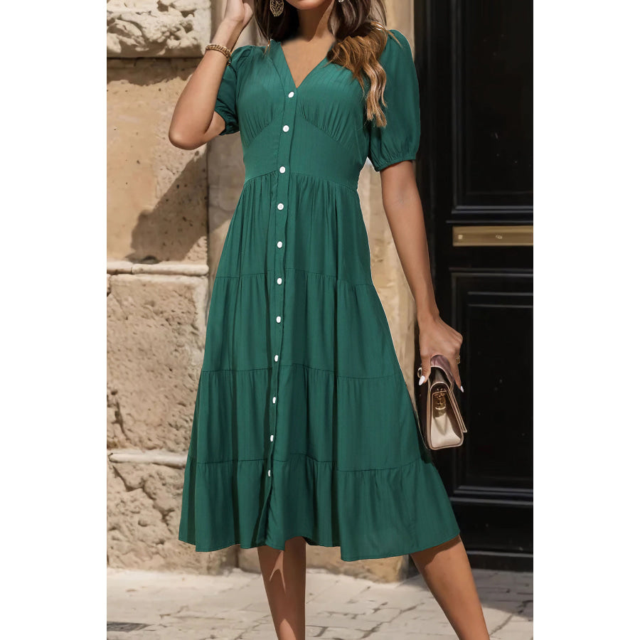 V-Neck Button Up Balloon Sleeve Midi Dress Green / S Apparel and Accessories