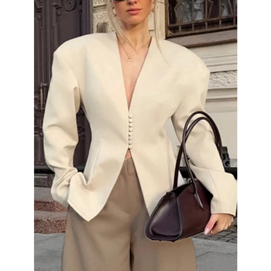V-Neck Button-Up Blazer with Structured Shoulders Apparel and Accessories