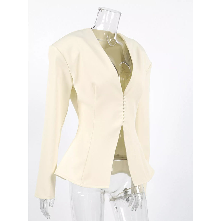 V-Neck Button-Up Blazer with Structured Shoulders Apparel and Accessories