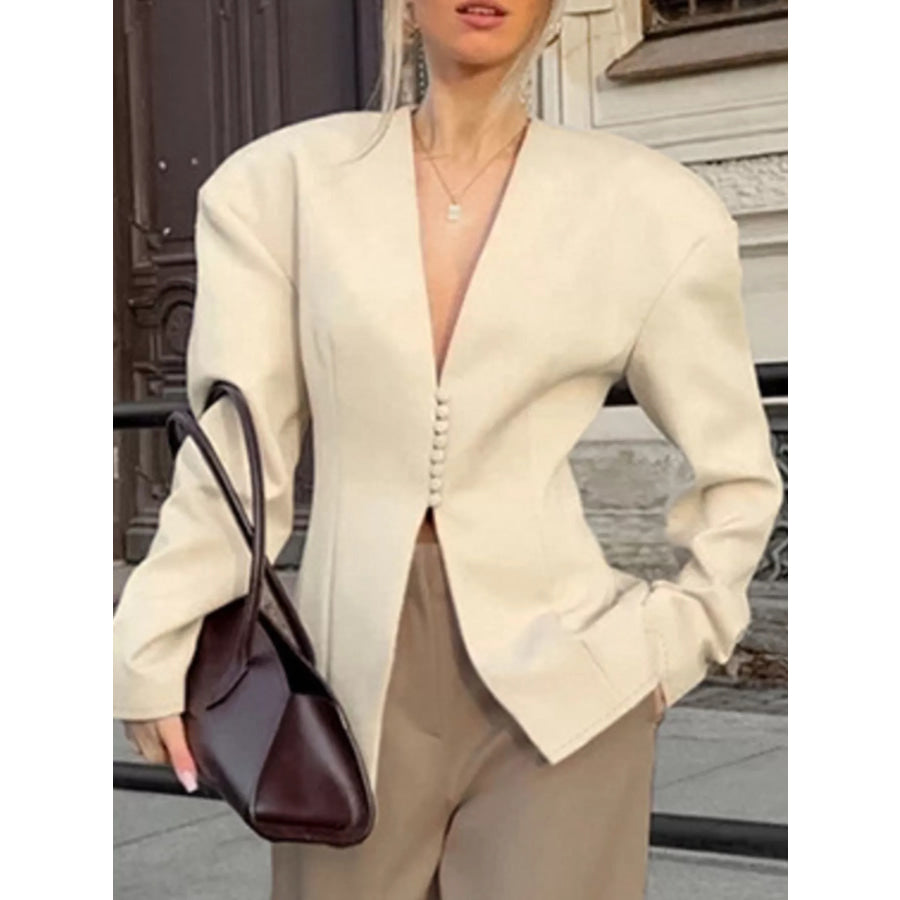 V-Neck Button-Up Blazer with Structured Shoulders Apparel and Accessories