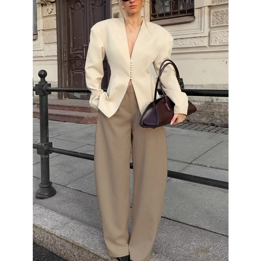 V-Neck Button-Up Blazer with Structured Shoulders Apparel and Accessories