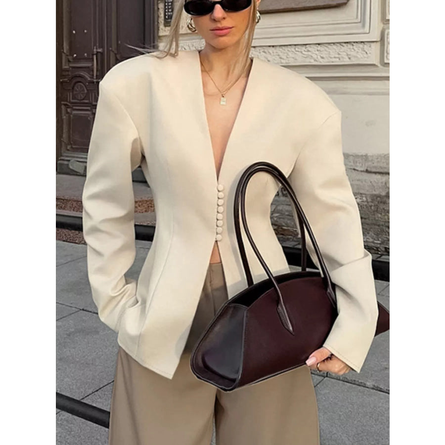 V-Neck Button-Up Blazer with Structured Shoulders Apparel and Accessories