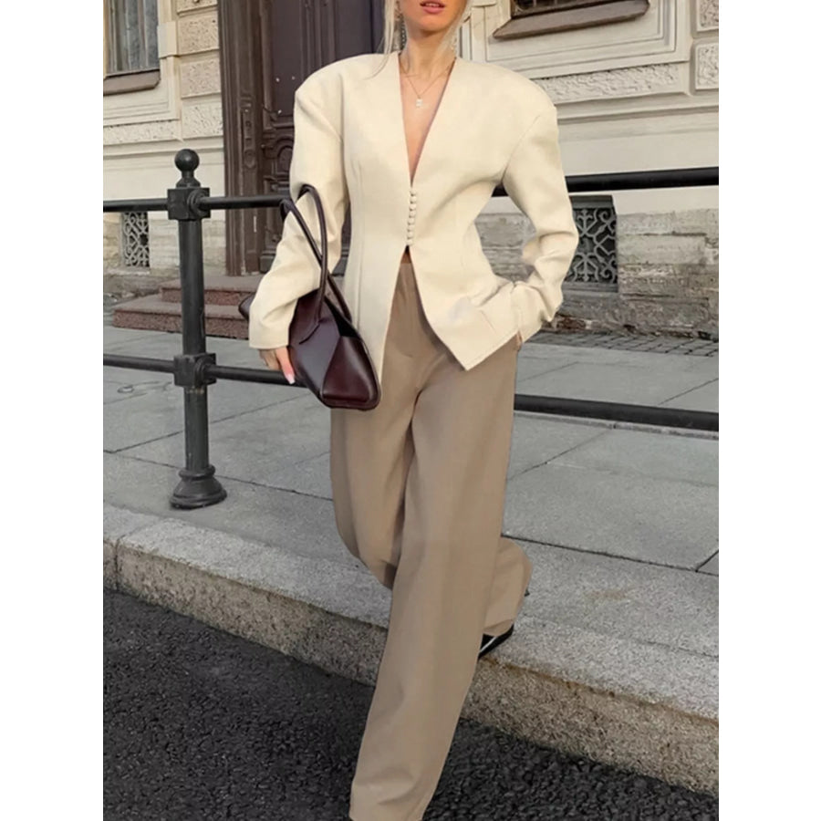 V-Neck Button-Up Blazer with Structured Shoulders Beige / S Apparel and Accessories