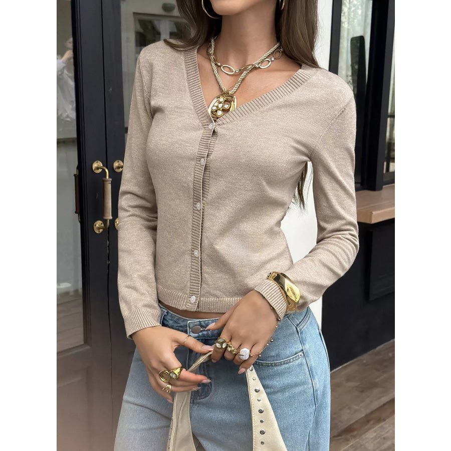 V-Neck Button-Up Cardigan Khaki / S Apparel and Accessories