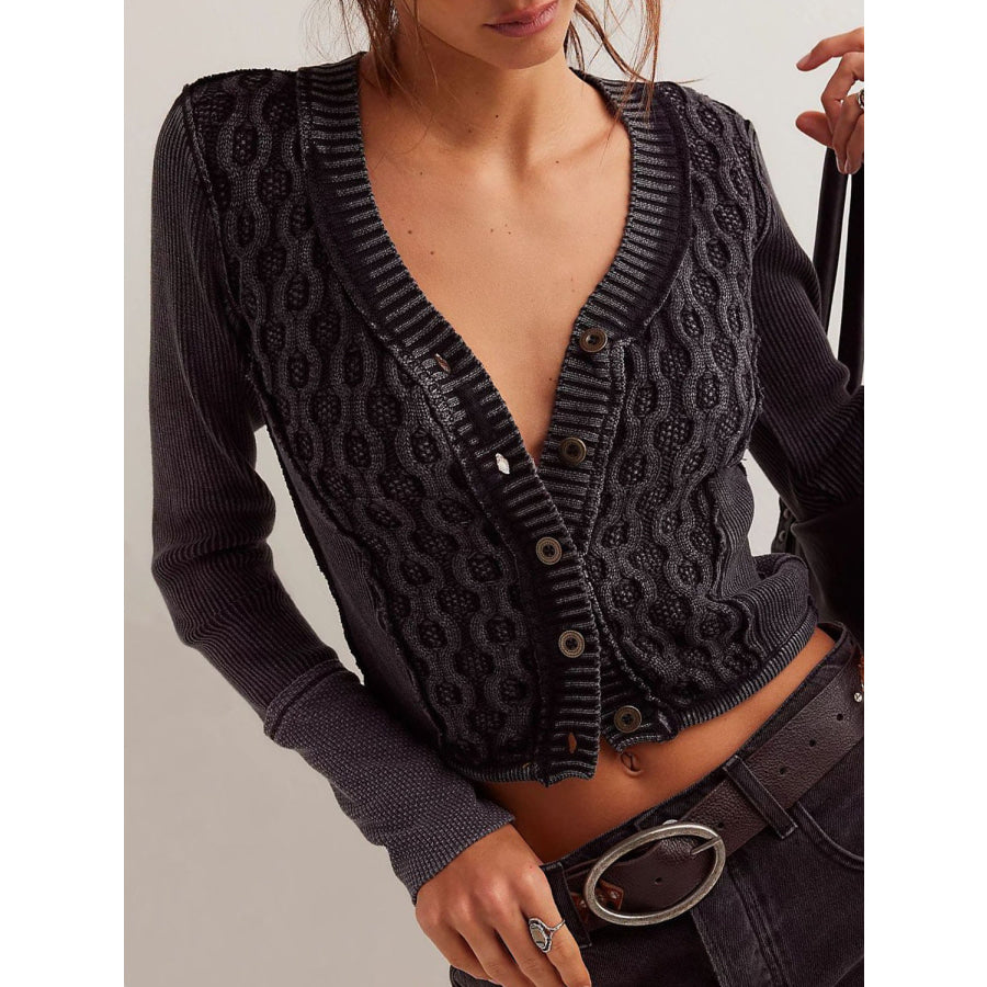 V-Neck Button Up Cropped Cardigan Black / S Apparel and Accessories