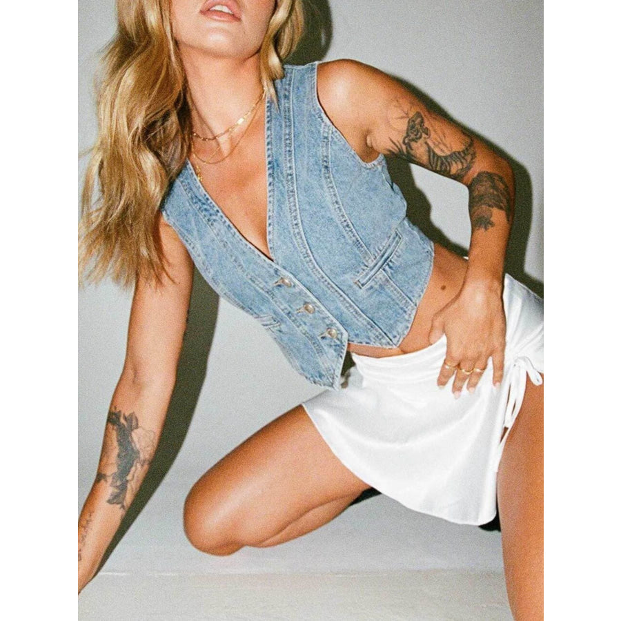 V-Neck Button Up Denim Vest Apparel and Accessories