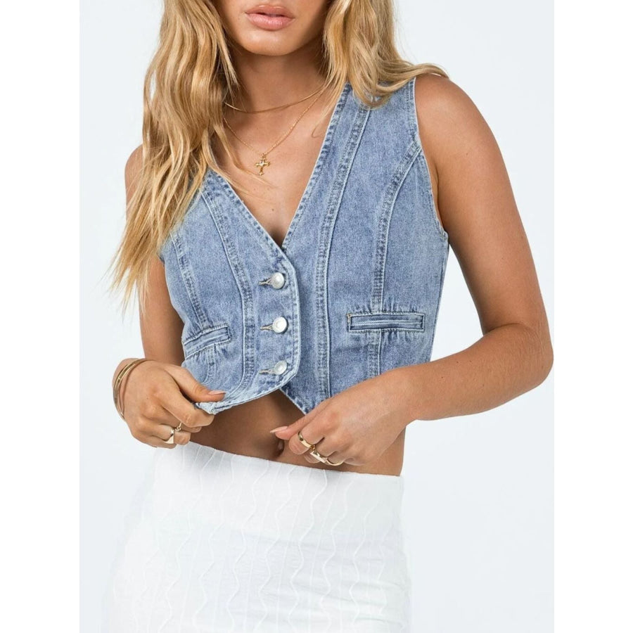 V-Neck Button Up Denim Vest Light / S Apparel and Accessories