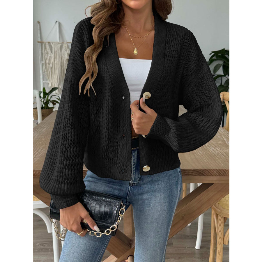 V-Neck Button Up Long Sleeve Cardigan Black / S Apparel and Accessories