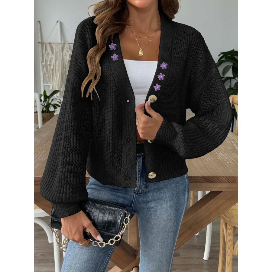 V-Neck Button Up Long Sleeve Cardigan Black / S Apparel and Accessories