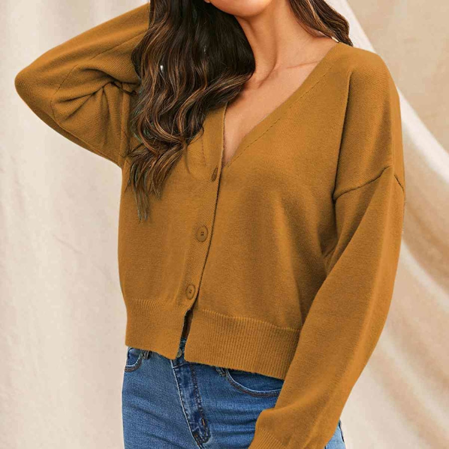 V-Neck Button Up Long Sleeve Cardigan Caramel / S