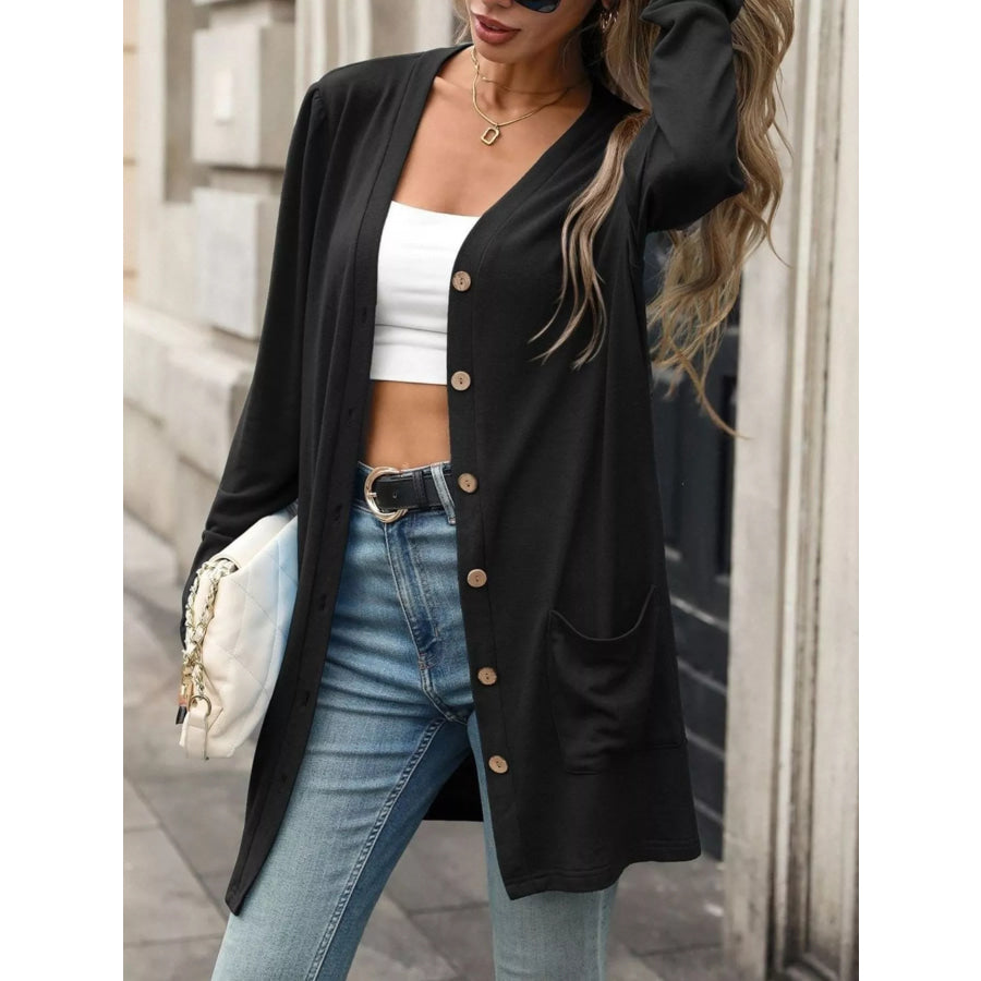 V-Neck Button-Up Long Sleeve Cardigan with Pockets Apparel and Accessories
