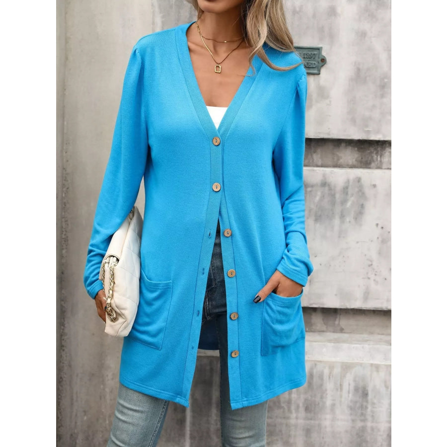 V-Neck Button-Up Long Sleeve Cardigan with Pockets Apparel and Accessories