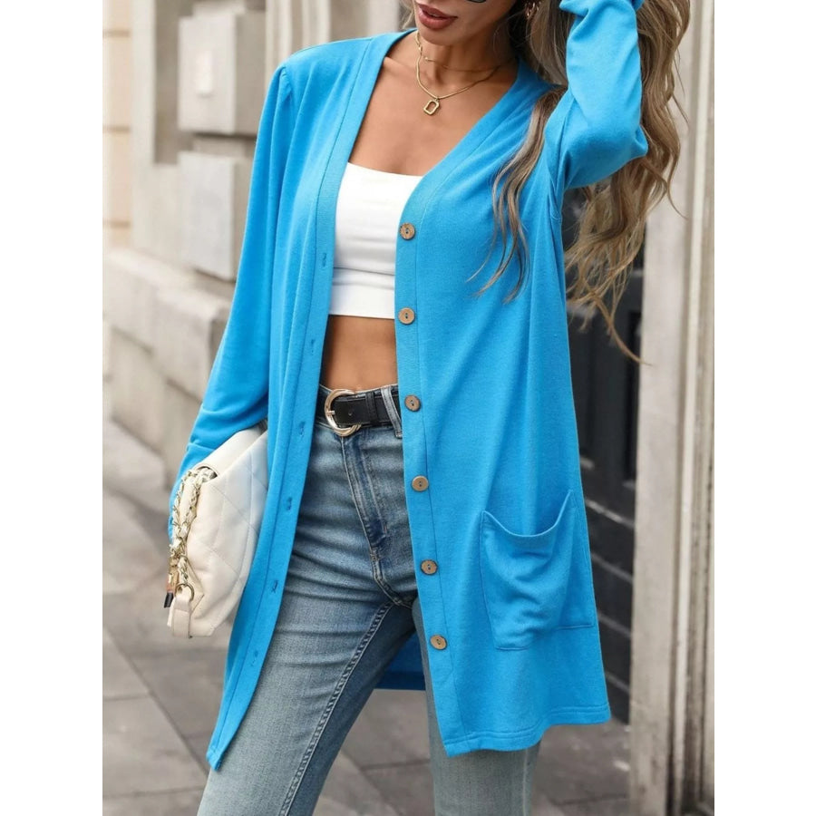 V-Neck Button-Up Long Sleeve Cardigan with Pockets Apparel and Accessories