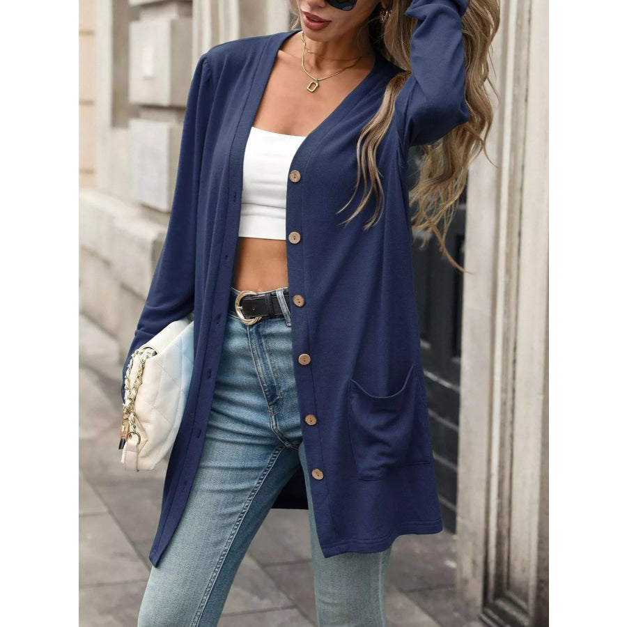 V-Neck Button-Up Long Sleeve Cardigan with Pockets Apparel and Accessories