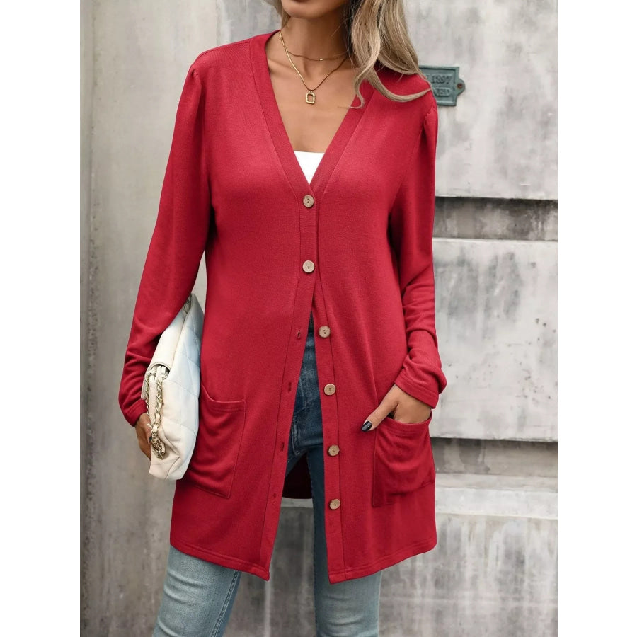 V-Neck Button-Up Long Sleeve Cardigan with Pockets Apparel and Accessories