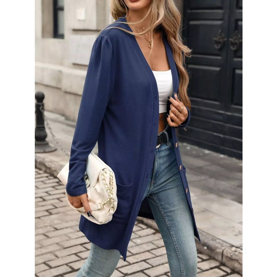 V-Neck Button-Up Long Sleeve Cardigan with Pockets Apparel and Accessories