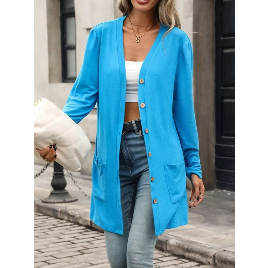 V-Neck Button-Up Long Sleeve Cardigan with Pockets Apparel and Accessories
