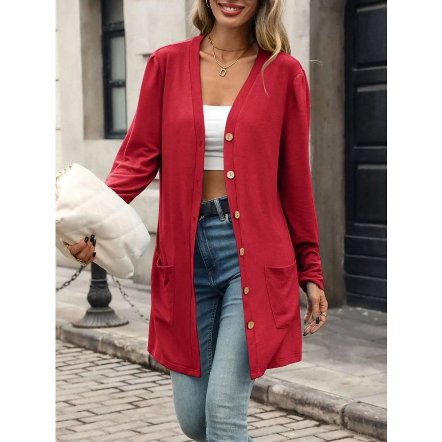 V-Neck Button-Up Long Sleeve Cardigan with Pockets Apparel and Accessories